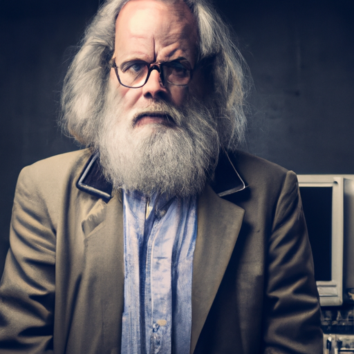 Picture of The Crusty Manager, white bushy beard in formal clothing in front
of old computer